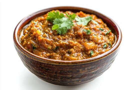 Aromatic indian eggplant bharta dish served in a rustic bowl garnished with cilantro on white