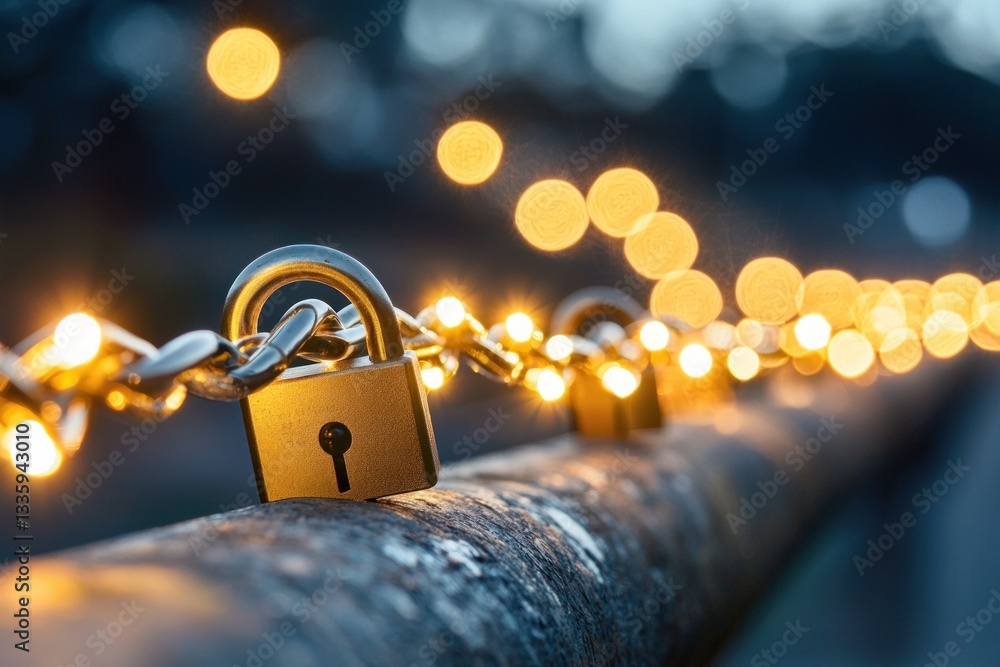Aufkleber Security concept padlock on a chain with bokeh light background safety confidential data access
