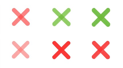 Obraz premium Green check marks and red X marks. Check marks indicate approval. X marks indicate rejection. Simple symbols for yes and no. Clear visual for correct and incorrect. Vector element set.