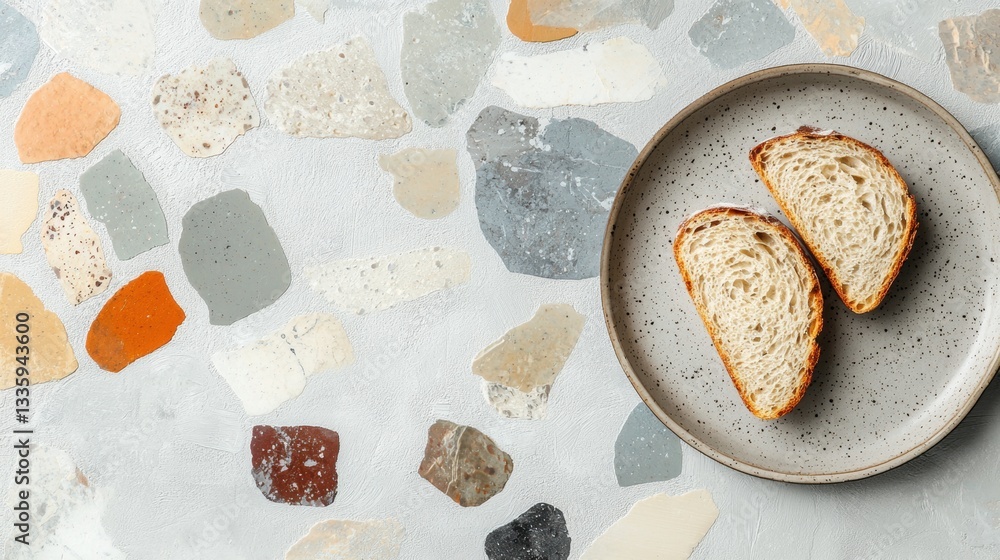 Poster a plate of bread and a table with a mosaic pattern.