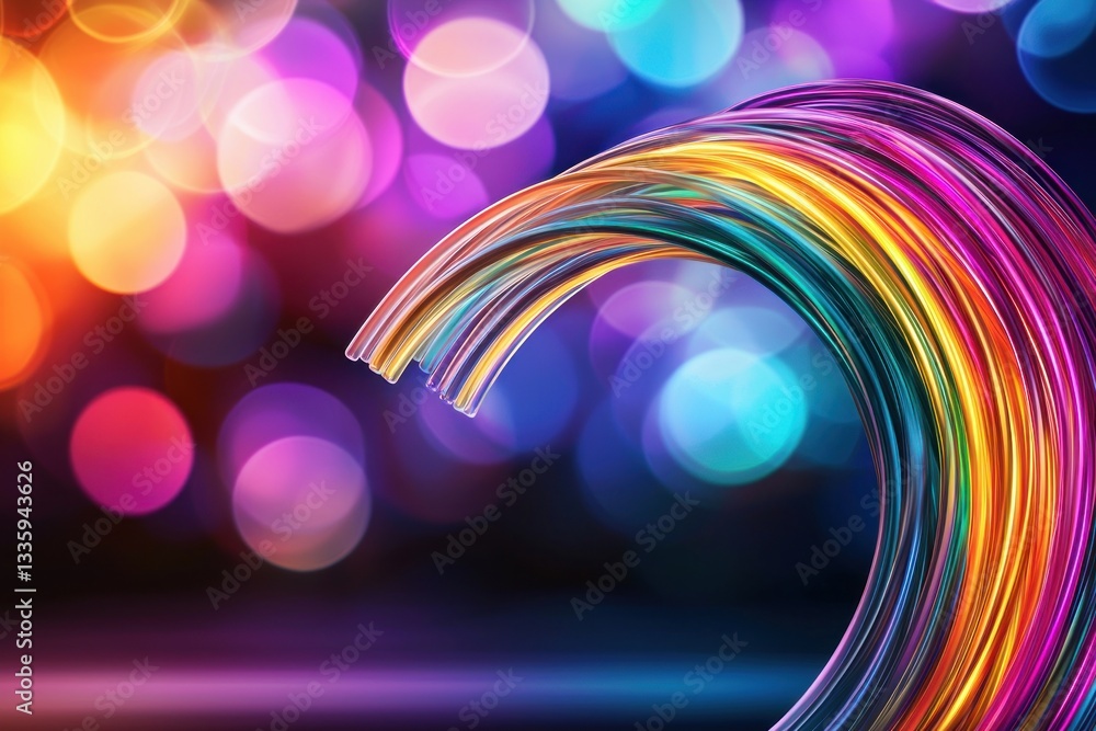 Poster Vibrant Multicolored Flowing Lines Against Bokeh Backdrop of Warm Light Artistic Visual Abstract Background