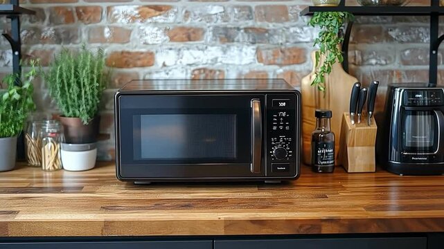 Modern microwave appliance for cooking on stylish kitchen countertop with plants, enhancing your home experience.