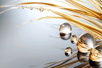 Obraz premium Golden wheat straws with crystal water drops reflecting pristine purity on glossy gradient surface