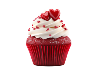 A delicious red velvet cupcake topped with white frosting, red sprinkles, and two red heart decorations, perfect for a sweet Valentine's treat. Isolated, transparent background, png.