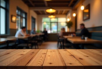 Generative AI Restaurant Interior with Wooden Table Foreground for Product Placement