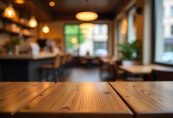 Generative AI Interior of a cozy cafe with blurred background and wooden table in foreground, warm light