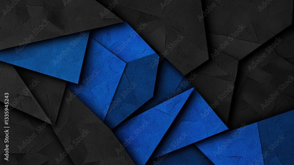 Poster a geometric pattern of overlapping triangles in blue and black.