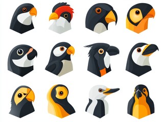 Obraz premium Collection of various bird heads in stylized isometric profiles