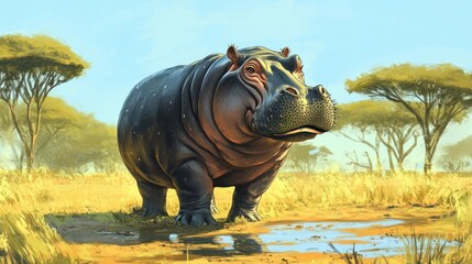Fototapeta premium Hippopotamus in Savanna, Wildlife, Sunlight, Artwork, Stock Photo