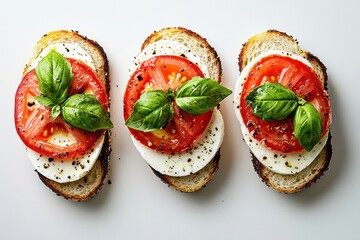 Appetizing Caprese Bruschetta with Ripe Tomatoes Fresh Mozzarella and Basil on Toasted Bread Flat Lay