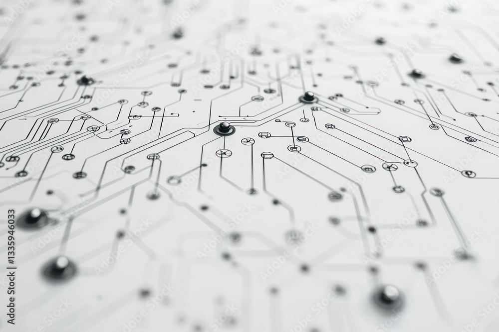 Poster Intricate circuit design on white canvas showcasing precision electronic architecture technology futuristic concept