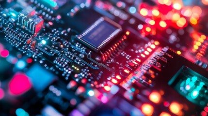 Obraz premium Futuristic cityscape with glowing neon lights and geometric architecture, embodying a vision of advanced urban harmony. 