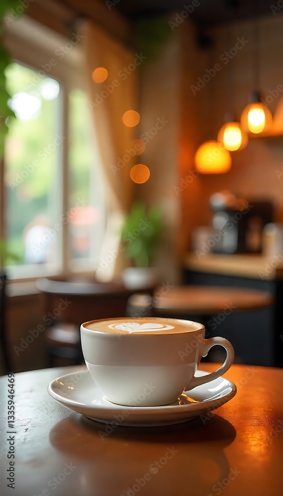 Poster generative ai coffee art latte on a wooden table with cafe background. warm and inviting atmosphere,