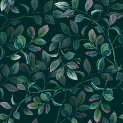 Seamless pattern pistachio. Green leaves branches watercolor illustration on dark background. Botanical picture for wallpaper, textile, wrapping paper, phone cover, packaging, rustic style posters