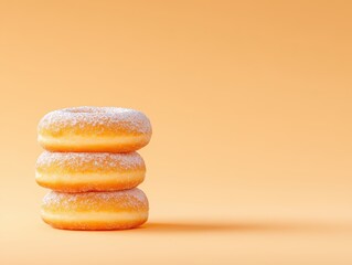 Three freshly glazed donuts stacked on an orange background, showcasing sweetness