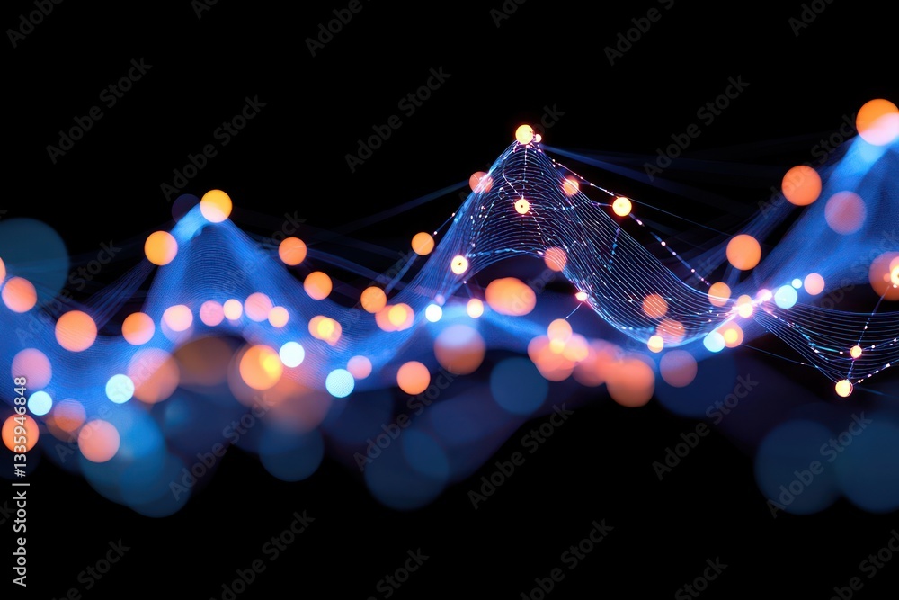 Aufkleber abstract glowing network on black background, digital connection with particle light, science and te
