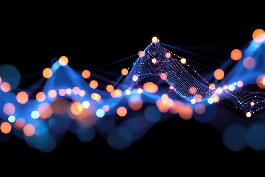 Abstract glowing network on black background, digital connection with particle light, science and technology concept, data wave