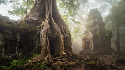 Mysterious ancient jungle with towering trees and overgrown ruins, golden light filtering through dense canopy, evoking a sense of forgotten history and adventure.