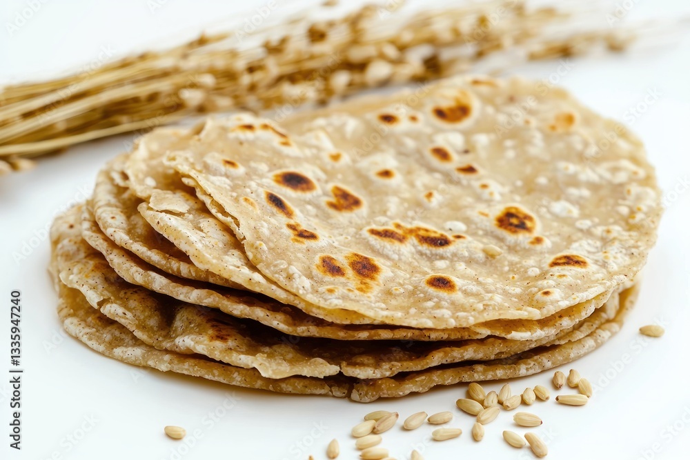Poster rustic stack of indian chapati breads with wheat stalk and scattered seeds displayed on white backdr