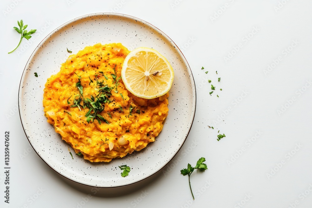 Poster delicious butternut squash risotto with lemon and parsley on plate in top view capturing healthy eat