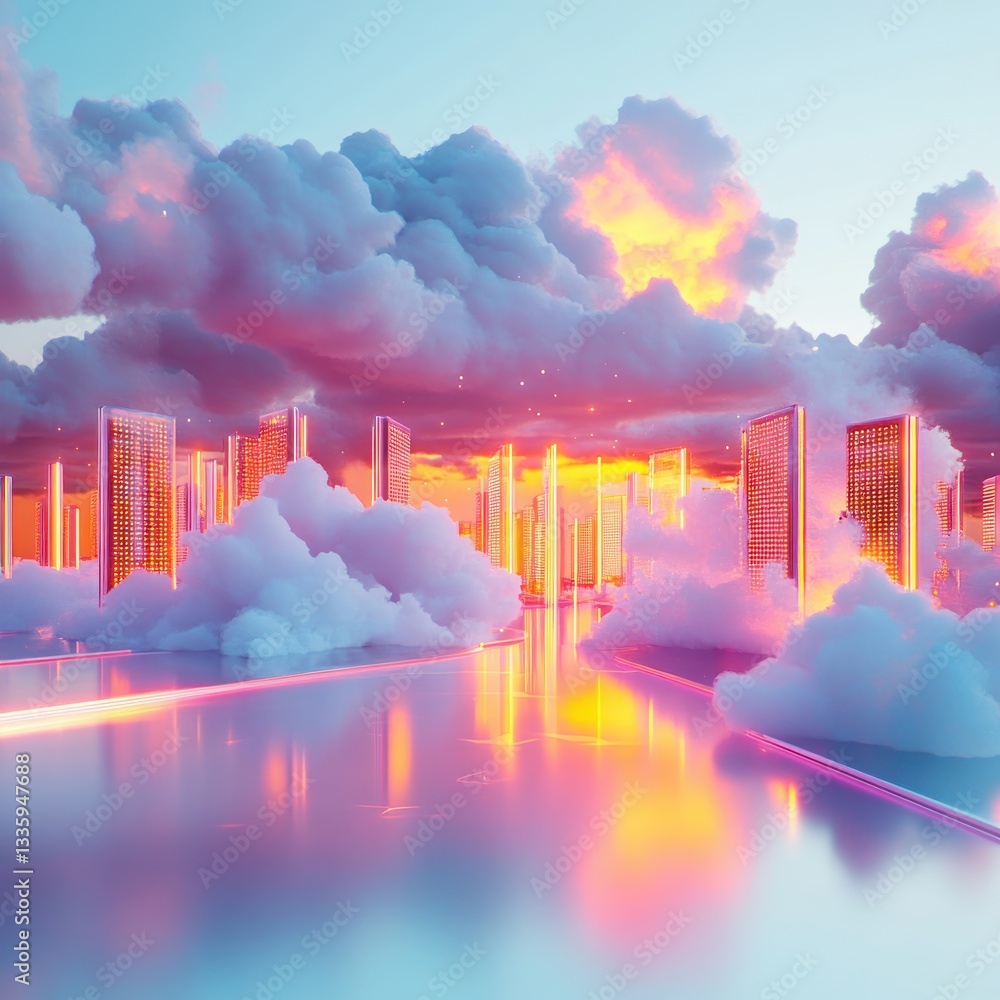 Aufkleber ethereal cityscape in clouds reflective surface with glowing architecture and sunset tones dreamlike