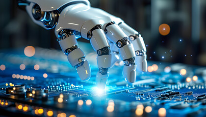 Digital Interaction: A close-up captures the metallic hand of a robot interacting with a circuit board, highlighting technological advancement, artificial intelligence, and future-focused design.
