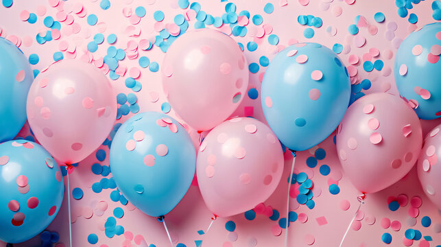 Fototapeta Pink and blue balloons and confetti background with copy space for festive gender reveal party or baby shower backdrop.