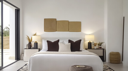 Modern bedroom design with minimalistic decor and natural elements in a serene setting