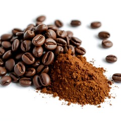 pile of whole roasted coffee beans, with a mound of finely ground coffee powder scattered around them