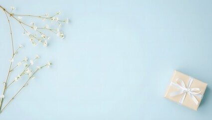  light blue background with a diagonal composition of delicate white baby's breath flowers and two small, wrapped gifts.