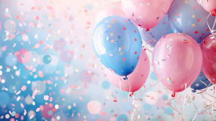 Pink and blue balloons and confetti background with copy space for festive gender reveal party or baby shower backdrop.