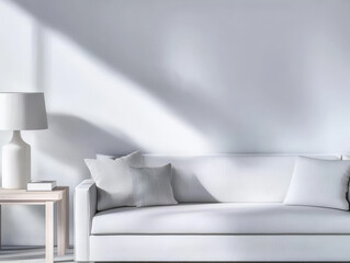 Modern living room with minimalist couch lamp and soft light in a serene atmosphere