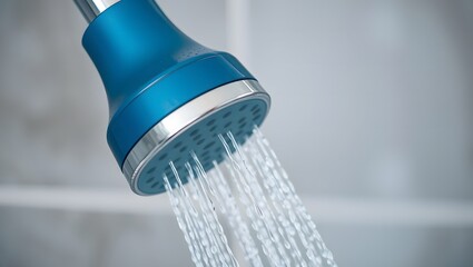 modern shower head with water spraying down, close-up view, high quality, shallow depth of field, blue and gray color scheme