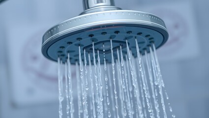 modern shower head with water spraying down, close-up view, high quality, shallow depth of field, blue and gray color scheme