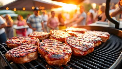 barbecue grill with several juicy, char-grilled steaks cooking on it