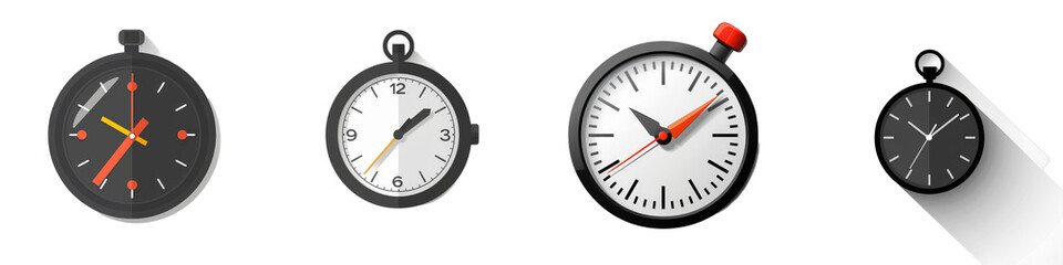 Four pocket watches show different times isolated on white or transparent