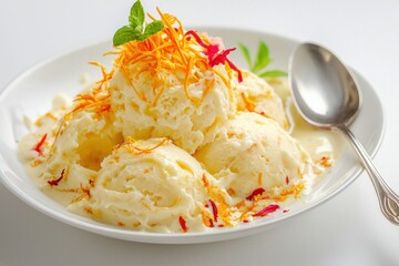 Creamy mango ice cream scoops with saffron and mint served on plate dessert photography style