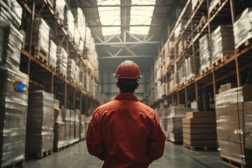 Warehouse Worker Overseeing Inventory in Large Storage Facility