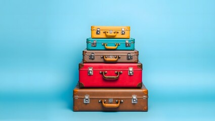  vintage suitcases against a solid light blue background