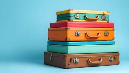  vintage suitcases against a solid light blue background