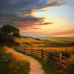 Obraz premium Serene Sunset Pathway Rural Landscape with Wooden Fence and Golden Fields