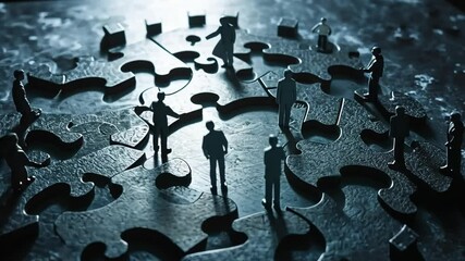 Puzzle pieces connect figures in a complex maze illustrating teamwork and collaboration in a creative environment