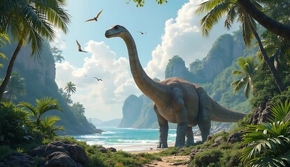 Brachiosaurus dinosaur standing on a beach with palm trees and pterodactyls flying above