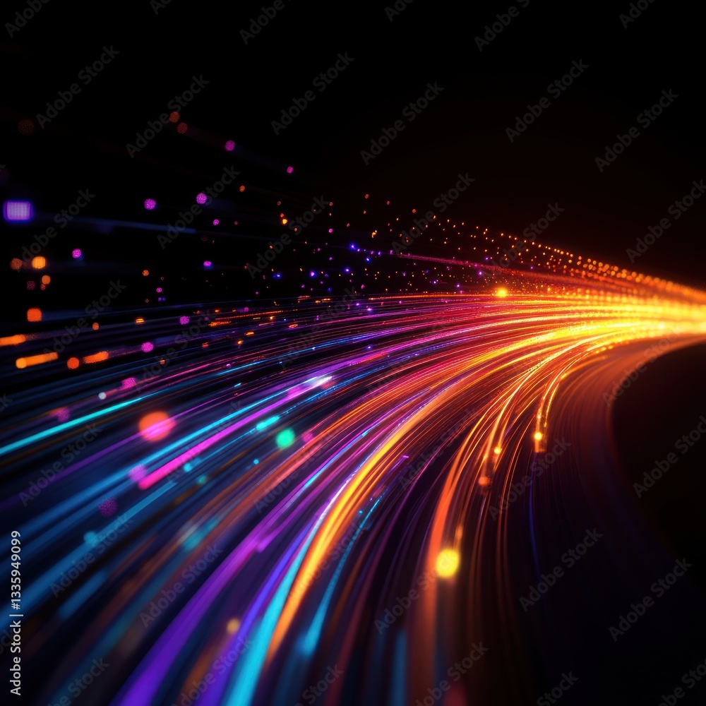 Poster abstract colored light trails against a dark background creating a sense of motion and digital strea