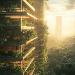 Fototapeta premium Verdant Urban Living Modern Building with Green Balconies and Sustainable Design Under Soft Sunset Light
