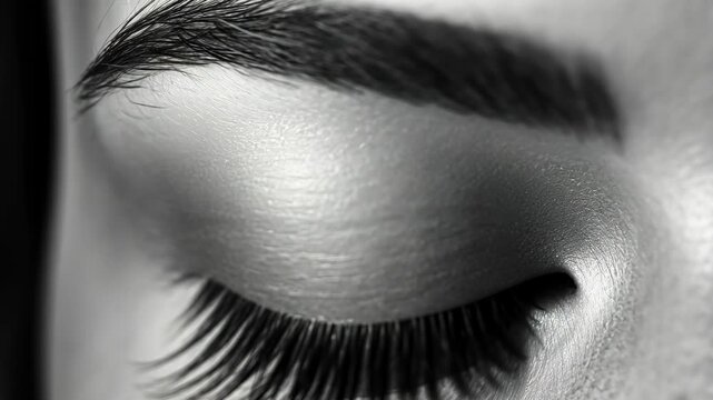 Close-up view of a closed eye showcasing long eyelashes and well-groomed eyebrows in black and white highlights intricate details