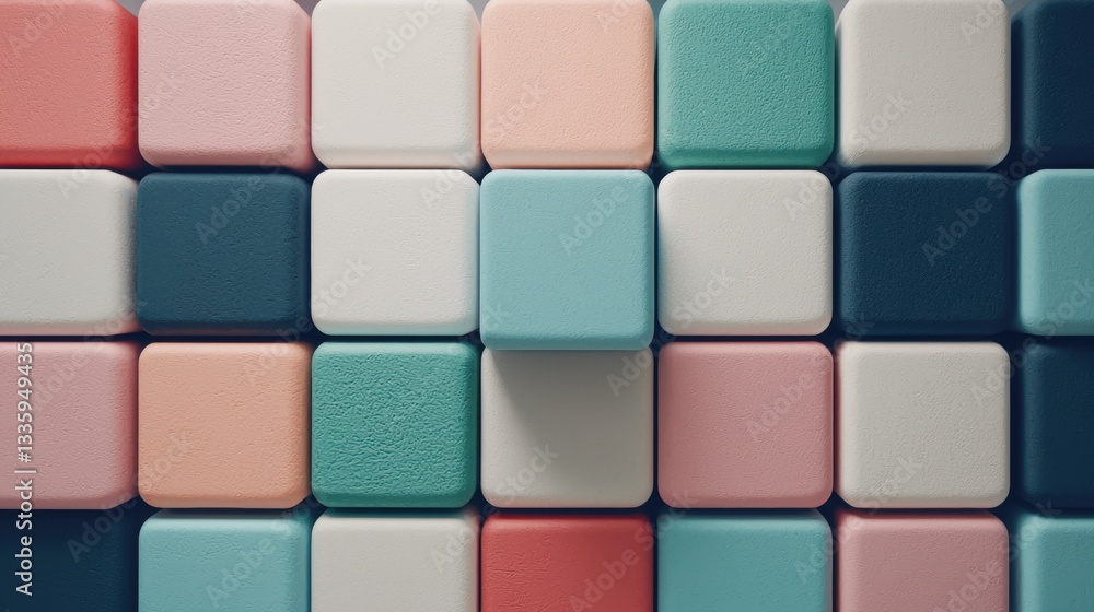 Aufkleber a 3d rendering of a grid of cubes with different colors and textures.