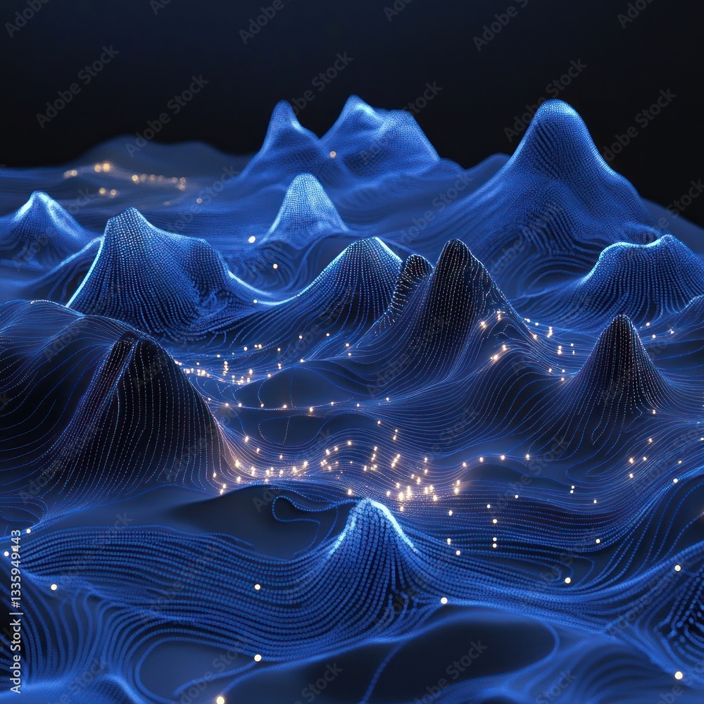 Poster futuristic data flow visualization blue terrain gradient hills and golden points on dark background