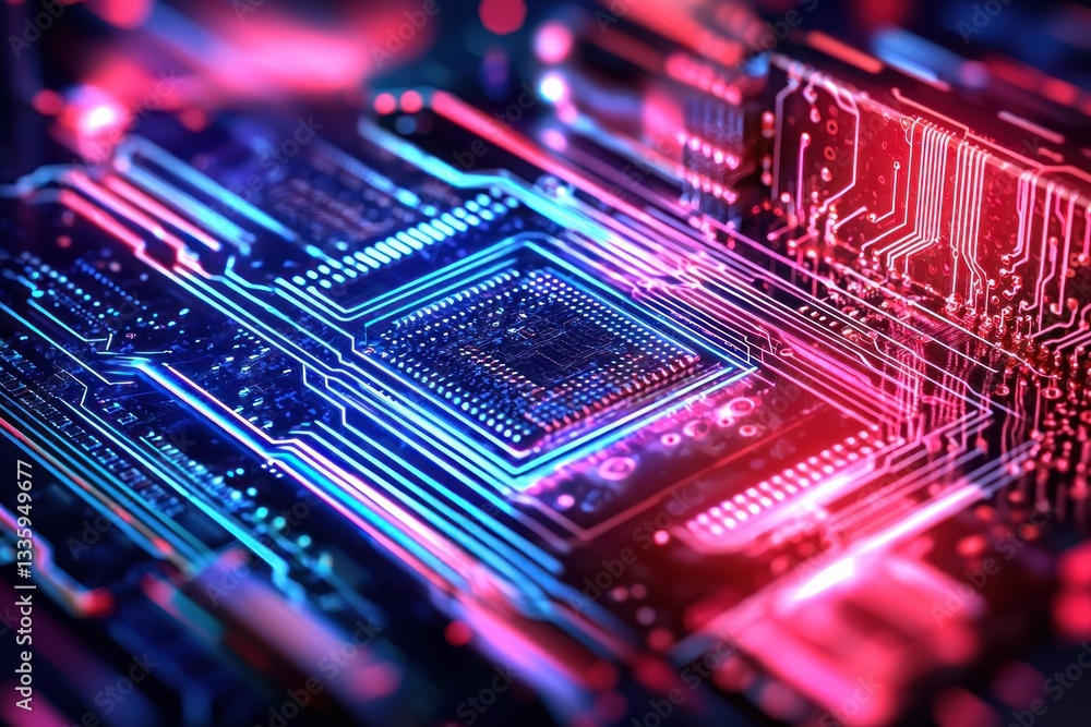 Poster electronic motherboard with glowing blue and red lights computer technology background data flow vib