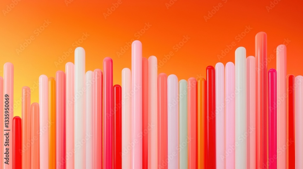 Poster a vibrant display of colorful tubes, varying in height and width, against a gradient orange backdrop